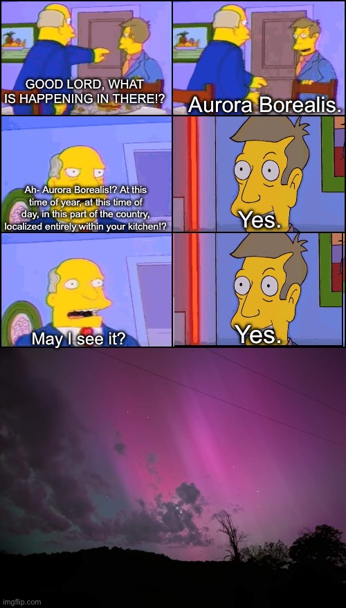 GOOD LORD, WHAT IS HAPPENING IN THERE!? Aurora Borealis. Ah- Aurora Borealis!? At this time of year, at this time of day, in this part of the country, localized entirely within your kitchen!? Yes. Yes. May I see it? | image tagged in aurora borealis | made w/ Imgflip meme maker