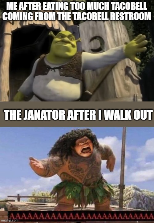 ME AFTER EATING TOO MUCH TACOBELL COMING FROM THE TACOBELL RESTROOM; THE JANATOR AFTER I WALK OUT | image tagged in shrek opens the door,what can i say except aaaaaaaaaaaaaaaaaaaaaaaaaaaaaaaaa | made w/ Imgflip meme maker