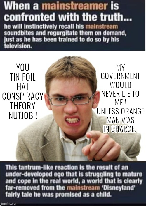Angry Pinko confronted with truth | MY GOVERNMENT WOULD NEVER LIE TO ME ! UNLESS ORANGE MAN WAS IN CHARGE. YOU TIN FOIL HAT CONSPIRACY THEORY NUTJOB ! | image tagged in angry liberal,truth,brainwashed | made w/ Imgflip meme maker