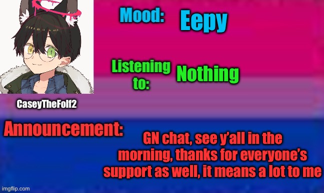 Eep | Eepy; Nothing; GN chat, see y’all in the morning, thanks for everyone’s support as well, it means a lot to me | image tagged in caseythefolf2 announcement template | made w/ Imgflip meme maker