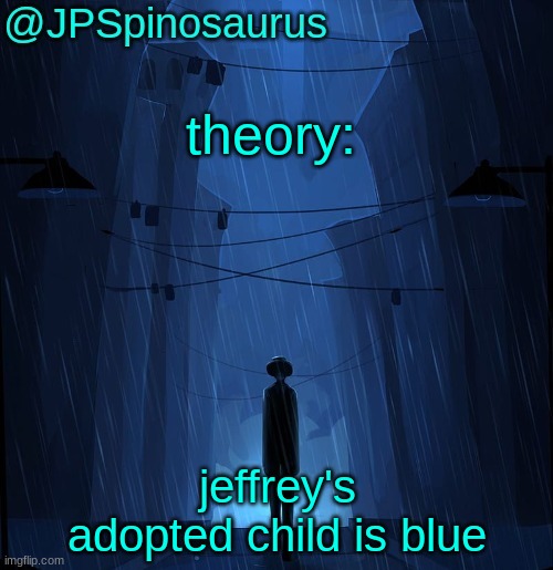 JPSpinosaurus LN announcement temp | theory:; jeffrey's adopted child is blue | image tagged in jpspinosaurus ln announcement temp | made w/ Imgflip meme maker