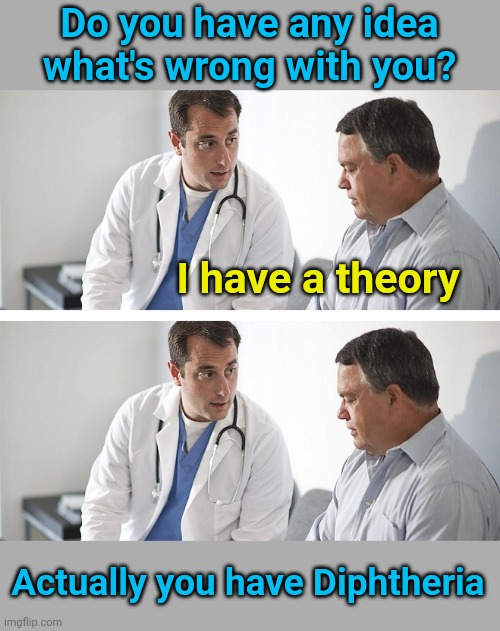 Doctor and Patient | Do you have any idea what's wrong with you? I have a theory; Actually you have Diphtheria | image tagged in doctor and patient | made w/ Imgflip meme maker