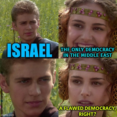 Israel Is A Flawed Democracy | ISRAEL; THE ONLY DEMOCRACY IN THE MIDDLE EAST; A FLAWED DEMOCRACY,
RIGHT? | image tagged in anakin padme 4 panel,israel,palestine,i love democracy,democracy,genocide | made w/ Imgflip meme maker
