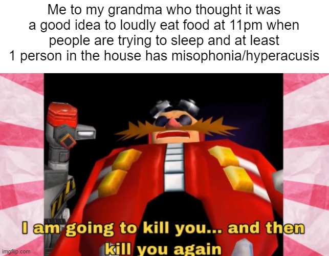I am going to kill you | Me to my grandma who thought it was a good idea to loudly eat food at 11pm when people are trying to sleep and at least 1 person in the house has misophonia/hyperacusis | image tagged in i am going to kill you | made w/ Imgflip meme maker