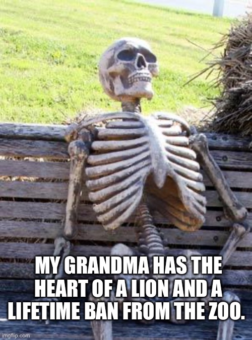 Waiting Skeleton | MY GRANDMA HAS THE HEART OF A LION AND A LIFETIME BAN FROM THE ZOO. | image tagged in memes,waiting skeleton | made w/ Imgflip meme maker