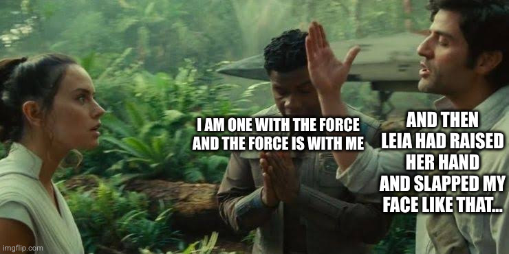 Trio Arguing | AND THEN LEIA HAD RAISED HER HAND AND SLAPPED MY FACE LIKE THAT... I AM ONE WITH THE FORCE AND THE FORCE IS WITH ME | image tagged in trio arguing | made w/ Imgflip meme maker