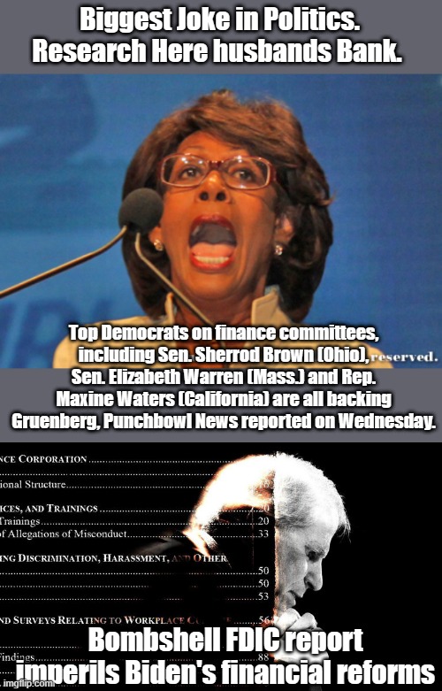 She's promoting civil war again. | Biggest Joke in Politics. Research Here husbands Bank. Top Democrats on finance committees, including Sen. Sherrod Brown (Ohio), Sen. Elizabeth Warren (Mass.) and Rep. Maxine Waters (California) are all backing Gruenberg, Punchbowl News reported on Wednesday. Bombshell FDIC report imperils Biden's financial reforms | image tagged in maxine waters,democrats,nwo,evil | made w/ Imgflip meme maker