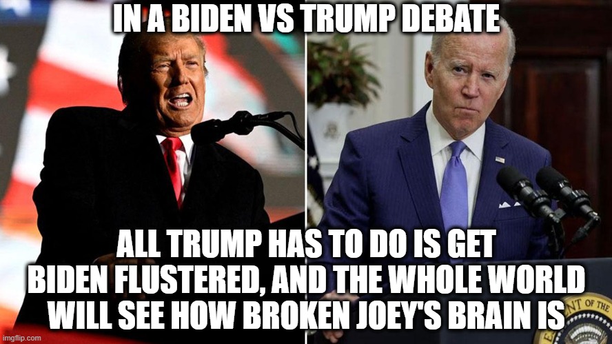 The Presidential debate is going to be hilarious | IN A BIDEN VS TRUMP DEBATE; ALL TRUMP HAS TO DO IS GET BIDEN FLUSTERED, AND THE WHOLE WORLD WILL SEE HOW BROKEN JOEY'S BRAIN IS | image tagged in biden vs trump,dementia,maga | made w/ Imgflip meme maker
