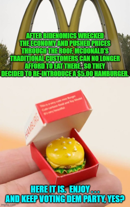 And all because some people were terrified of Mean Tweets.  Elections have consequences. | AFTER BIDENOMICS WRECKED THE ECONOMY AND PUSHED PRICES THROUGH THE ROOF, MCDONALD'S TRADITIONAL CUSTOMERS CAN NO LONGER AFFORD TO EAT THERE.  SO THEY DECIDED TO RE-INTRODUCE A $5.00 HAMBURGER. HERE IT IS.  ENJOY . . . AND KEEP VOTING DEM PARTY, YES? | image tagged in yep | made w/ Imgflip meme maker