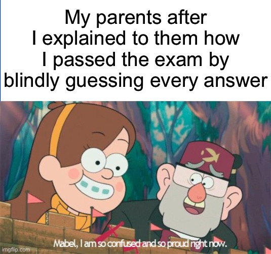That takes effort. And luck, of course. | My parents after I explained to them how I passed the exam by blindly guessing every answer | image tagged in memes,exam,school | made w/ Imgflip meme maker