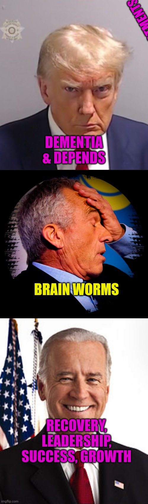 INDICTMENTS, CONVICTIONS; DEMENTIA & DEPENDS; BRAIN WORMS; RECOVERY, LEADERSHIP, SUCCESS, GROWTH | image tagged in donald trump mugshot,in your guts you know he's nuts,memes,joe biden | made w/ Imgflip meme maker