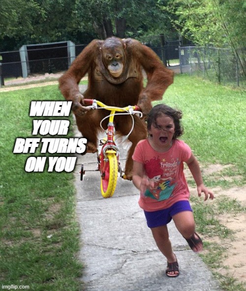 BFF | WHEN YOUR BFF TURNS ON YOU | image tagged in orangutan chasing girl on a tricycle | made w/ Imgflip meme maker