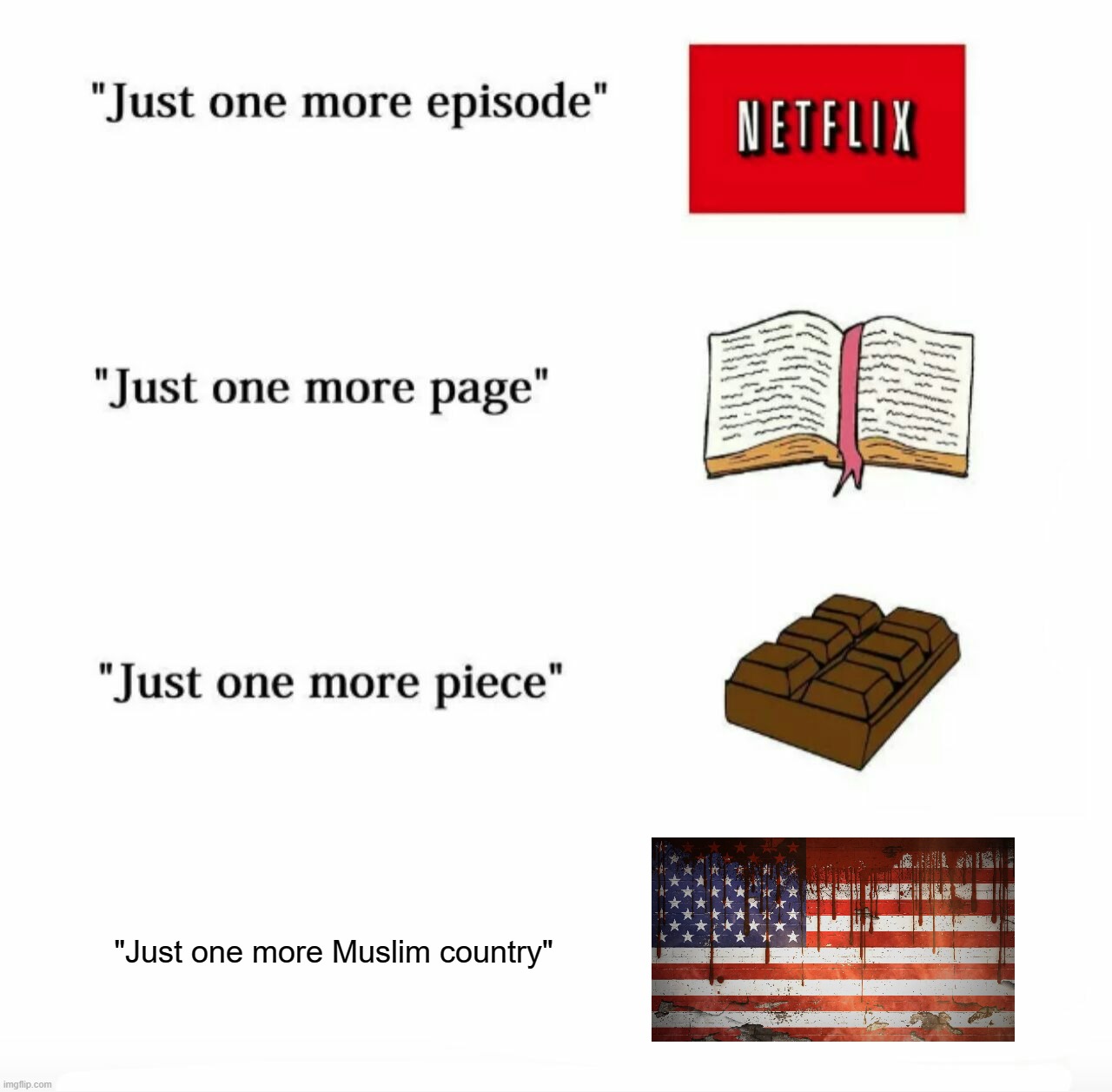 "Just One More Muslim Country" -Said the Great Satan and World's #1 Terrorist | "Just one more Muslim country" | image tagged in just one more,america is the great satan,america,american flag,islamophobia,terrorism | made w/ Imgflip meme maker