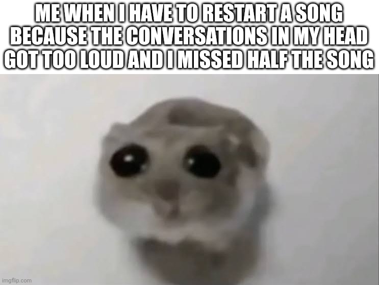 Very painful | ME WHEN I HAVE TO RESTART A SONG BECAUSE THE CONVERSATIONS IN MY HEAD GOT TOO LOUD AND I MISSED HALF THE SONG | image tagged in sad hamster,hide the pain harold,demotivationals,sad,very poor choice of words | made w/ Imgflip meme maker