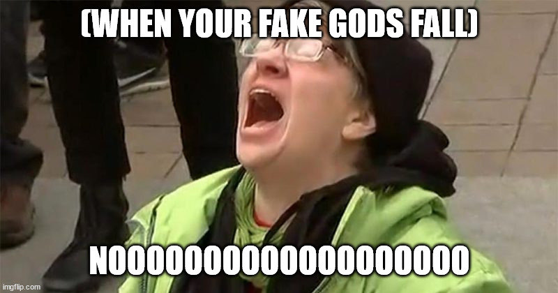 crying liberal | (WHEN YOUR FAKE GODS FALL) NOOOOOOOOOOOOOOOOOOO | image tagged in crying liberal | made w/ Imgflip meme maker