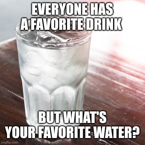 Mine is the drinking fountains at the church I go to. The water from those hits different. | EVERYONE HAS A FAVORITE DRINK; BUT WHAT'S YOUR FAVORITE WATER? | image tagged in glass of water,water,favorite | made w/ Imgflip meme maker