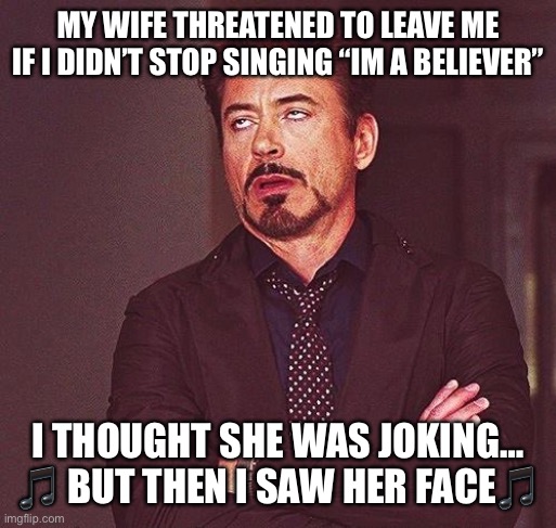 …and now i’m a believer! | MY WIFE THREATENED TO LEAVE ME IF I DIDN’T STOP SINGING “IM A BELIEVER”; I THOUGHT SHE WAS JOKING…
🎵 BUT THEN I SAW HER FACE🎵 | image tagged in robert downey jr annoyed | made w/ Imgflip meme maker