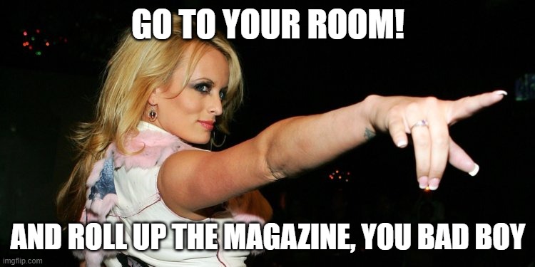 Stormy Daniels | GO TO YOUR ROOM! AND ROLL UP THE MAGAZINE, YOU BAD BOY | image tagged in stormy daniels | made w/ Imgflip meme maker