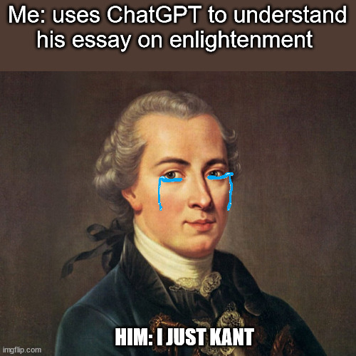 ai taking over | Me: uses ChatGPT to understand his essay on enlightenment; HIM: I JUST KANT | image tagged in philosophy,english | made w/ Imgflip meme maker