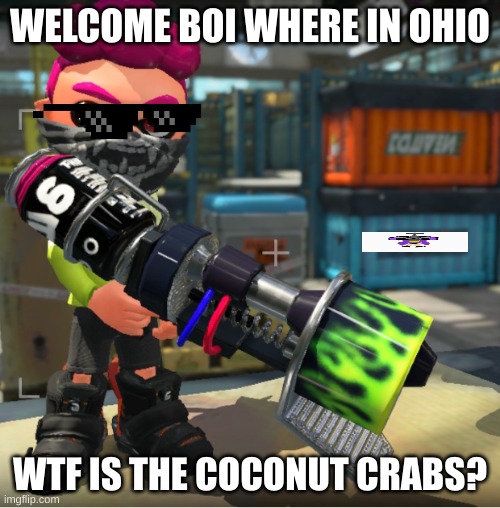 Inkling Meme | WELCOME BOI WHERE IN OHIO; WTF IS THE COCONUT CRABS? | image tagged in bandit announcement template and splatoon oc | made w/ Imgflip meme maker