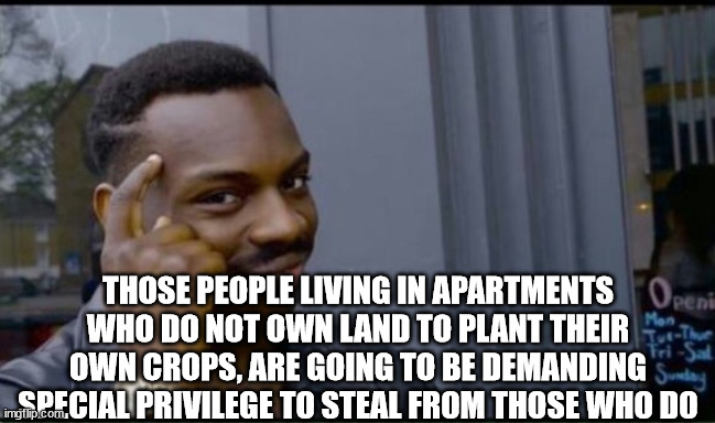 Thinking Black Man | THOSE PEOPLE LIVING IN APARTMENTS WHO DO NOT OWN LAND TO PLANT THEIR OWN CROPS, ARE GOING TO BE DEMANDING SPECIAL PRIVILEGE TO STEAL FROM TH | image tagged in thinking black man | made w/ Imgflip meme maker