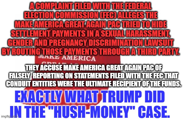 Same Fraud, Different Day! | A COMPLAINT FILED WITH THE FEDERAL ELECTION COMMISSION (FEC) ALLEGES THE MAKE AMERICA GREAT AGAIN PAC TRIED TO HIDE SETTLEMENT PAYMENTS IN A SEXUAL HARASSMENT, GENDER AND PREGNANCY DISCRIMINATION LAWSUIT BY ROUTING THOSE PAYMENTS THROUGH A THIRD PARTY. THEY ACCUSE MAKE AMERICA GREAT AGAIN PAC OF FALSELY  REPORTING ON STATEMENTS FILED WITH THE FEC THAT CONDUIT ENTITIES WERE THE ULTIMATE RECIPIENT OF THE FUNDS. EXACTLY WHAT TRUMP DID IN THE "HUSH-MONEY" CASE. | image tagged in make america great again hat | made w/ Imgflip meme maker