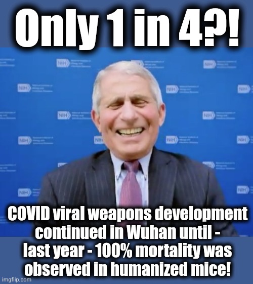 Only 1 in 4?! COVID viral weapons development
continued in Wuhan until -
last year - 100% mortality was
observed in humanized mice! | made w/ Imgflip meme maker