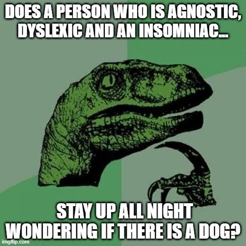 Wow, Thought! | DOES A PERSON WHO IS AGNOSTIC, DYSLEXIC AND AN INSOMNIAC... STAY UP ALL NIGHT WONDERING IF THERE IS A DOG? | image tagged in memes,philosoraptor | made w/ Imgflip meme maker