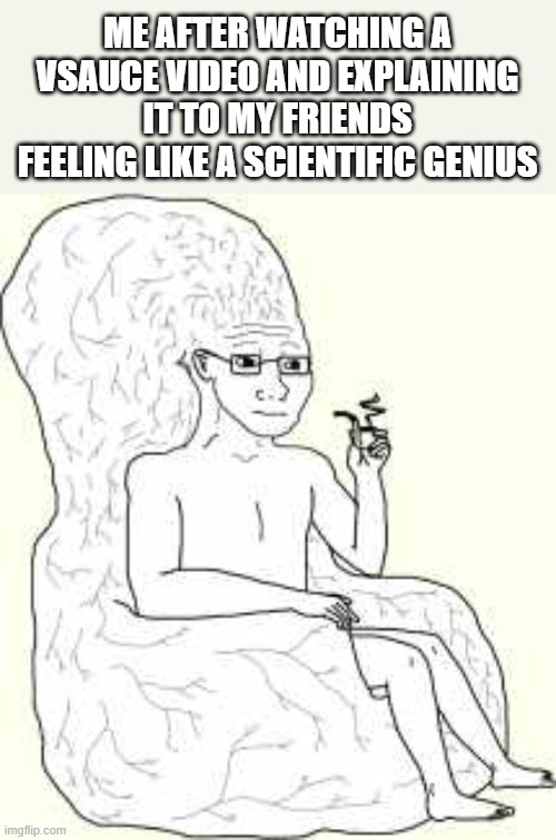 me after watching vsauce | ME AFTER WATCHING A VSAUCE VIDEO AND EXPLAINING IT TO MY FRIENDS FEELING LIKE A SCIENTIFIC GENIUS | image tagged in big brain wojak,vsauce | made w/ Imgflip meme maker