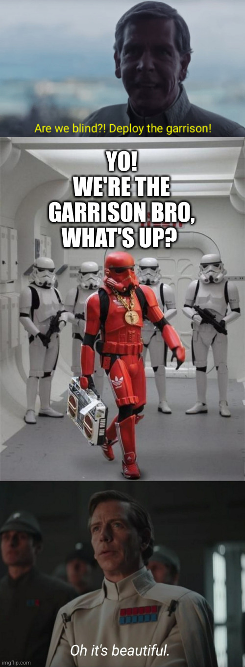 The garrison boys | YO!
WE'RE THE GARRISON BRO, WHAT'S UP? | image tagged in are we blind deploy the garrison,hip hop stormtrooper,oh it's beautiful | made w/ Imgflip meme maker