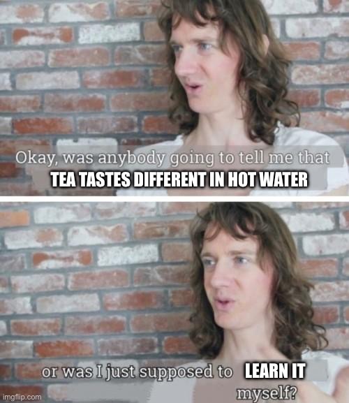 was anyone going to tell me | TEA TASTES DIFFERENT IN HOT WATER LEARN IT | image tagged in was anyone going to tell me | made w/ Imgflip meme maker