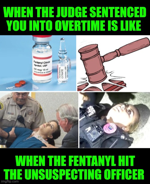 Funny | WHEN THE JUDGE SENTENCED YOU INTO OVERTIME IS LIKE; WHEN THE FENTANYL HIT THE UNSUSPECTING OFFICER | image tagged in drugs,court,courtroom,law,police,safety | made w/ Imgflip meme maker
