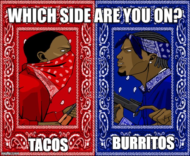 WHICH SIDE ARE YOU ON? | TACOS; BURRITOS | image tagged in which side are you on | made w/ Imgflip meme maker