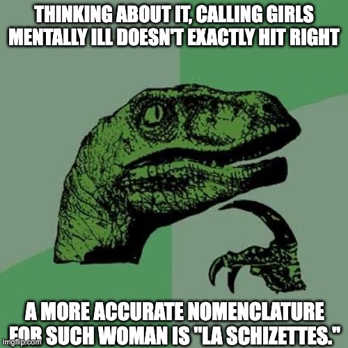 Philosoraptor Meme | THINKING ABOUT IT, CALLING GIRLS MENTALLY ILL DOESN'T EXACTLY HIT RIGHT; A MORE ACCURATE NOMENCLATURE FOR SUCH WOMAN IS "LA SCHIZETTES." | image tagged in memes,philosoraptor,philosophy,women,funny,meme | made w/ Imgflip meme maker
