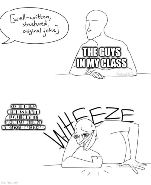 what language is this shit??? | THE GUYS IN MY CLASS; SKIBIDI SIGMA OHIO RIZZLER WITH LEVEL 100 GYATT FANUM TAXING HUGGY WUGGY'S GRIMACE SHAKE | image tagged in wheeze | made w/ Imgflip meme maker