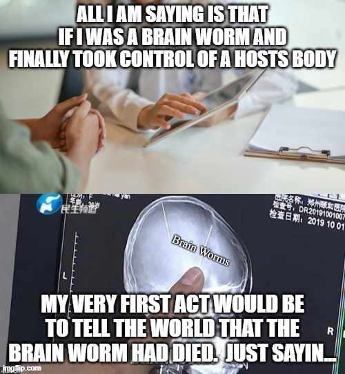 Brain Worms of Kennedy | ALL I AM SAYING IS THAT IF I WAS A BRAIN WORM AND FINALLY TOOK CONTROL OF A HOSTS BODY; MY VERY FIRST ACT WOULD BE TO TELL THE WORLD THAT THE BRAIN WORM HAD DIED.  JUST SAYIN... | image tagged in brain worms | made w/ Imgflip meme maker