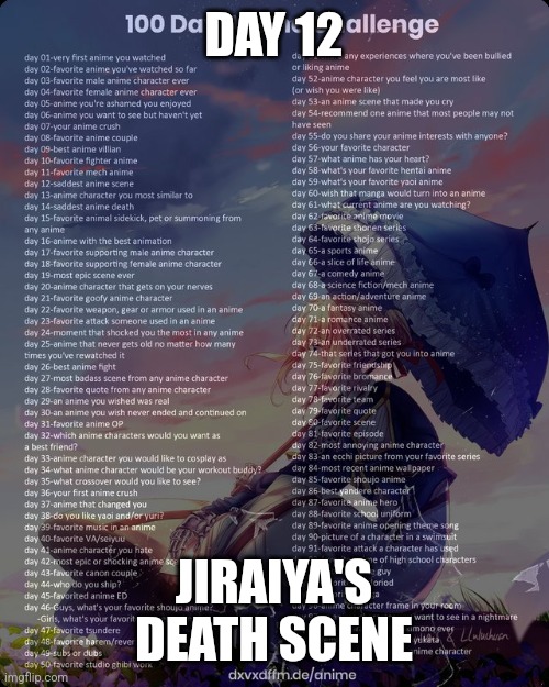 12 | DAY 12; JIRAIYA'S DEATH SCENE | image tagged in 100 day anime challenge | made w/ Imgflip meme maker