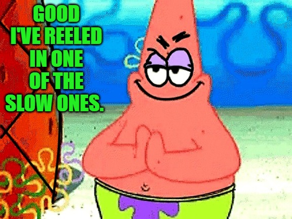 GOOD I'VE REELED IN ONE OF THE SLOW ONES. | image tagged in patrick | made w/ Imgflip meme maker