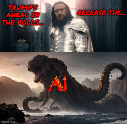 RELEASE THE…; TRUMP’S AHEAD IN THE POLLS…; @CALJFREEMAN1 | image tagged in mark zuckerberg,facebook,release the kraken,maga,republicans,ai meme | made w/ Imgflip meme maker