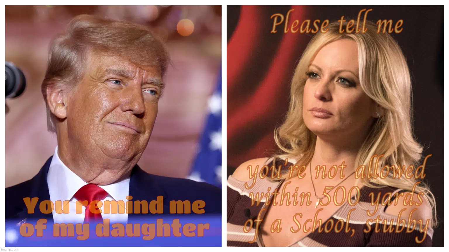 Paying someone for sex because she reminds him of his own daughter. Grabbing a certain ilk one pussy at a time,,, | Please tell me; you're not allowed within 500 yards
of a School, stubby; You remind me of my daughter | image tagged in donald trump,stormy daniels,ivanka trump,don't call me daughter,not fit to,appeals to a certain demographic | made w/ Imgflip meme maker