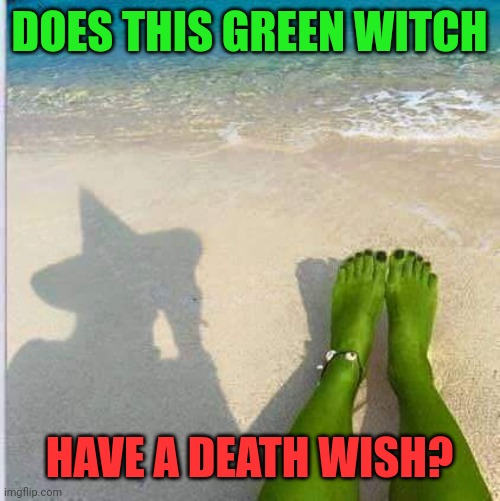This witch is tempting fate | DOES THIS GREEN WITCH; HAVE A DEATH WISH? | image tagged in beach witch,death wish,green skin,the wizard of ozz,bare legs and feet | made w/ Imgflip meme maker
