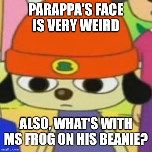 PaRappa Face | PARAPPA'S FACE
IS VERY WEIRD; ALSO, WHAT'S WITH
MS FROG ON HIS BEANIE? | image tagged in parappa face | made w/ Imgflip meme maker
