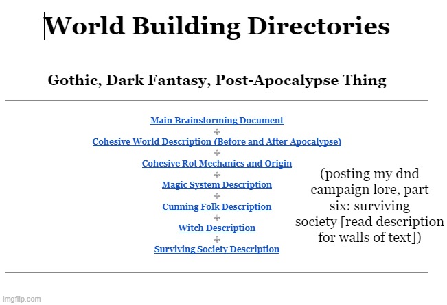 heed not anything within <this>, it is communication between me and a friend | (posting my dnd campaign lore, part six: surviving society [read description for walls of text]); Surviving Society

Tired of writing descriptions. Pretty evident what should go here.

Surviving society in Endimaw is sparse to say the least. The largest culmination of intelligent life still existing in Voknia lies within the royal capital, Vayrol. This is perhaps the most “lawful” area in the lands, and is the farthest away from the Rot. The royal guards of Vayrol, known as the Wickwardens, not only attempt to keep the peace in the city, but participate in constant patrols along the streets to confirm the presence of fire in its many scattered lamps. Most other cities and towns have a similar such task, while candlemakers and fire mages make a killing considering the current precious nature of light in Voknia. Most of those who attempted to rebel or generally disagreed with Vayrol’s rule were exiled, often finding themselves seeking refuge in what ramshackle small towns dot the landscape. In these less structured lands, lawlessness is far more commonplace, though not necessarily the norm. Smaller communities gather in stone and metal ruins, twisted and morphed with time. Each of these smaller communities tend to have different moral codes and laws, sometimes resorting to violence, treachery, and theft to survive. These communities are generally far closer to the Rot, and suffer its… effects on occasion. Be it wandering horrors attempting to assimilate a town’s inhabitants, or the spreading influence of the Rot itself, the edges of society are far more dismal, and require extensive knowledge by most in terms of self defense. The general look of towns and cities are quite similar, most being shrouded in darkness with fire providing pinpricks of light. In the less populated areas, old wood patches holes in stone walls, as castles are “refurbished” to meet one's protective needs. The main difference between these peoples are the inhabitants themselves, their spontaneously developing individual cultures granting a surprising amount of mirth and distinction between struggling groups.

Various tales of folklore do maintain a sort of consistency among scattered towns, startlingly enough. Repeated stories are spread by word of mouth that speak of harbingers of death, hulking masses of jingling equipment and rustling briar, who will stop at nothing to take life, then leave as quickly as they arrived… These superstitions are used by the Witches to fearmonger more often than not, as one should expect of them by now. The moralities of remaining people are split between those who do and do not trust the governments forming in various places, i.e. the Witches.

Matches function as the central currency in surviving society. While trading is the general flow in the exchange of goods and services, a box of matches will often bear the brunt of the value in such transactions. To clarify, individual matches probably equate to copper, with boxes of them counting as silver. More valuable and longer lasting light sources are generally considered gold and platinum, items like lanterns and torches function as such. Anything augmented to, for example, permanently emit any sort of light is considered extremely valuable, and such items can make the difference between life and death in Voknia. Considering the lack of organization in these societies, these are only guidelines and estimations, not an unchanging value. Trade is more or less abstract, prices being set by the needs of the inquiry. | image tagged in h | made w/ Imgflip meme maker