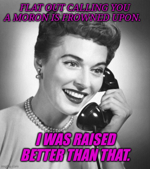 Raised better | FLAT OUT CALLING YOU A MORON IS FROWNED UPON. I WAS RAISED BETTER THAN THAT. | image tagged in vintage phone | made w/ Imgflip meme maker