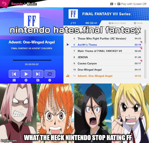 anime girls hates nintendo for hating final fantasy | WHAT THE HECK NINTENDO STOP HATING FF | image tagged in nintendo hates final fantasy,final fantasy,nintendo,anime,animeme,anime girl | made w/ Imgflip meme maker