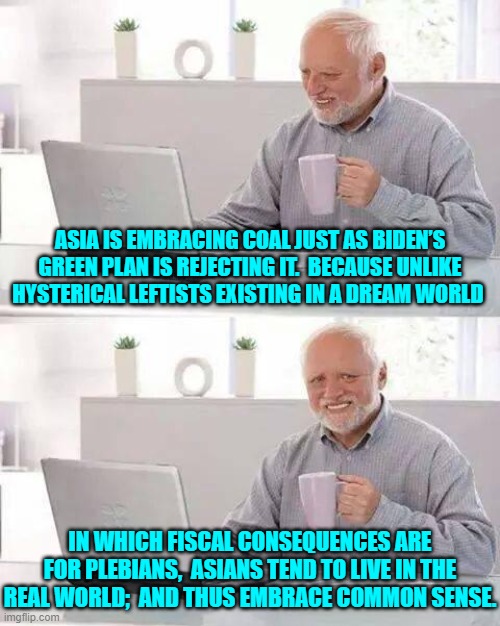 'taint rocket science; even though leftists think it is. | ASIA IS EMBRACING COAL JUST AS BIDEN’S GREEN PLAN IS REJECTING IT.  BECAUSE UNLIKE HYSTERICAL LEFTISTS EXISTING IN A DREAM WORLD; IN WHICH FISCAL CONSEQUENCES ARE FOR PLEBIANS,  ASIANS TEND TO LIVE IN THE REAL WORLD;  AND THUS EMBRACE COMMON SENSE. | image tagged in hide the pain harold | made w/ Imgflip meme maker