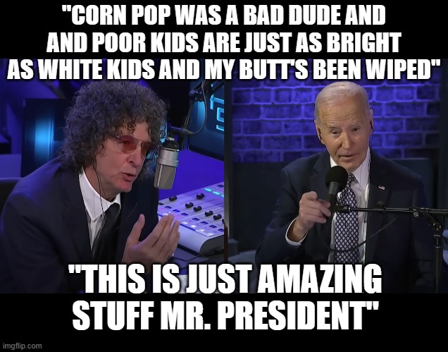 Stern and Biden two creepy morons | "CORN POP WAS A BAD DUDE AND AND POOR KIDS ARE JUST AS BRIGHT AS WHITE KIDS AND MY BUTT'S BEEN WIPED"; "THIS IS JUST AMAZING STUFF MR. PRESIDENT" | image tagged in howard stern,creepy joe biden | made w/ Imgflip meme maker