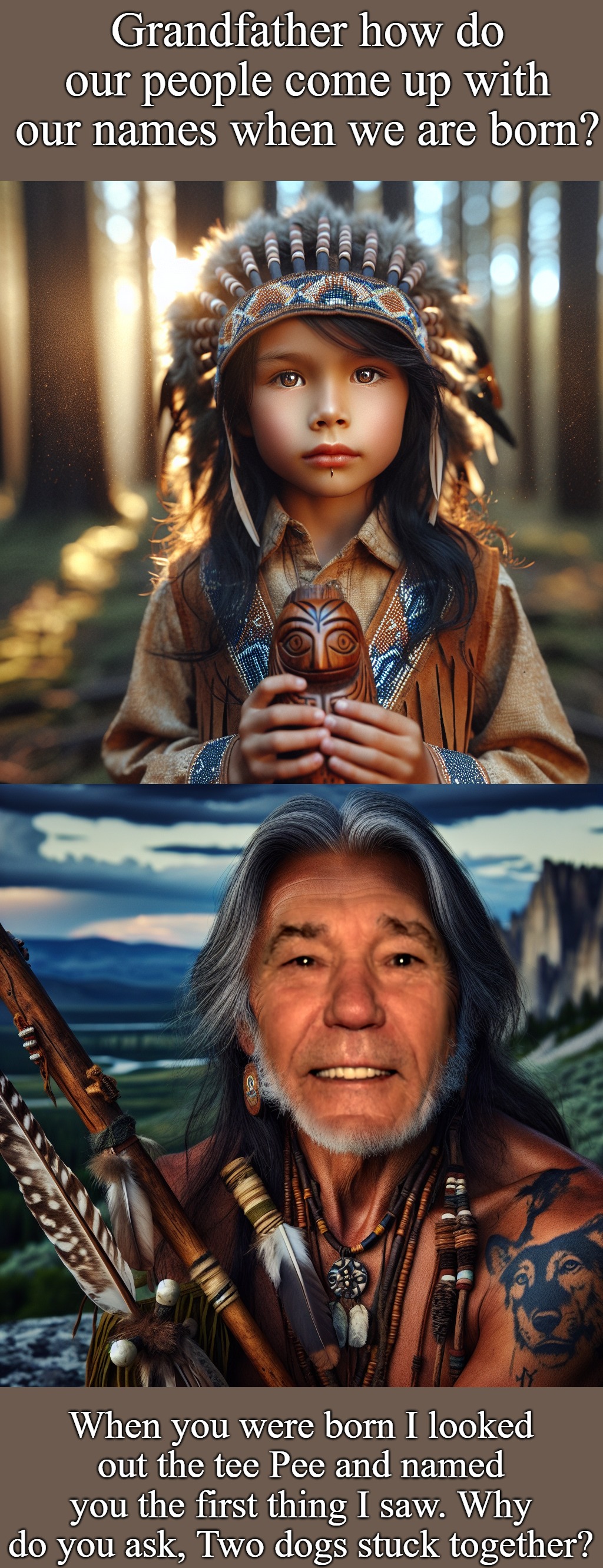 Native American names | Grandfather how do our people come up with our names when we are born? When you were born I looked out the tee Pee and named you the first thing I saw. Why do you ask, Two dogs stuck together? | image tagged in native american names,kewlew | made w/ Imgflip meme maker
