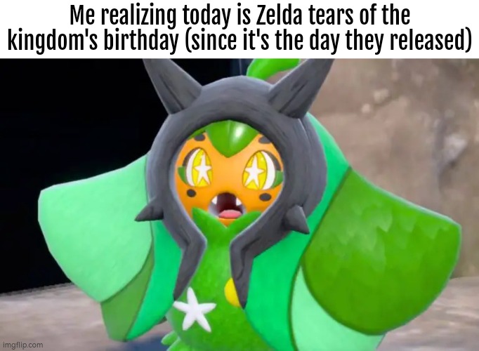 Happy birthday, Zelda tears of the kingdom! | Me realizing today is Zelda tears of the kingdom's birthday (since it's the day they released) | image tagged in zelda tears of the kingdom,birthday | made w/ Imgflip meme maker