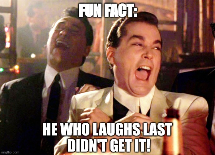 Good Fellas Hilarious | FUN FACT:; HE WHO LAUGHS LAST 
DIDN'T GET IT! | image tagged in memes,good fellas hilarious | made w/ Imgflip meme maker